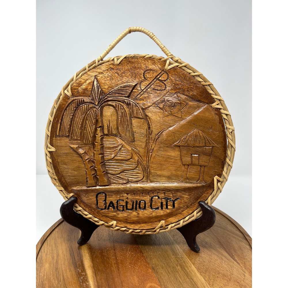 Vintage Carved Wood Wall Hanging Plaque Baguio City Souvenir Art Decor